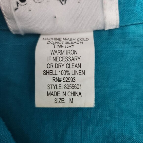 David N Top Womens Turquoise Linen Button Down Blouse Size Medium - Picture 5 of 12